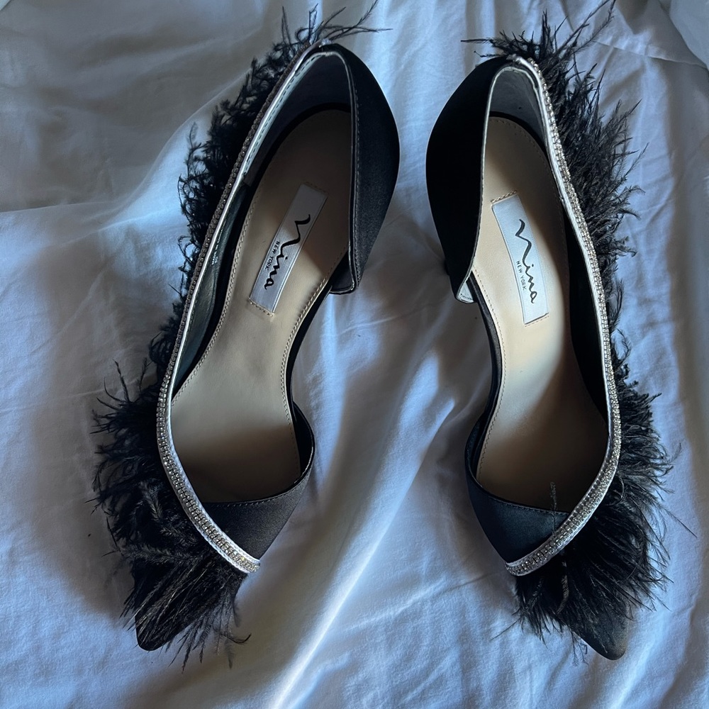 Black satin/feather heels